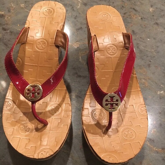 Tory Burch Shoes - Tory Burch Thora Red Patent Leather Cork Wedge